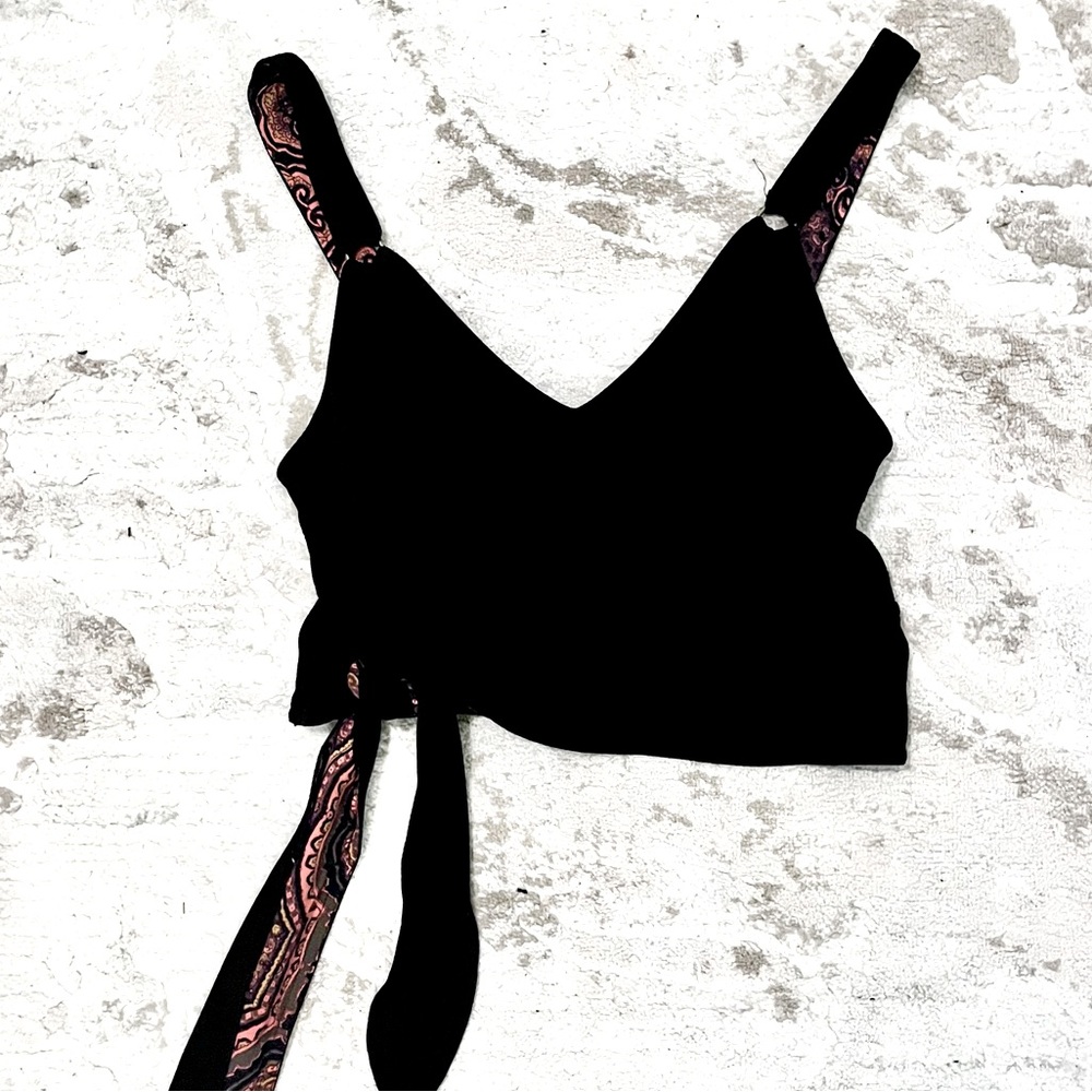 FREE PEOPLE TANK - black with inside design on straps and tie, cropped